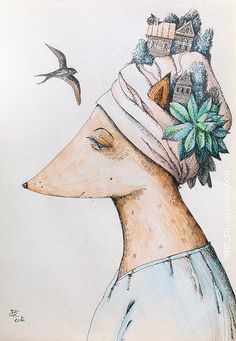 a drawing of a dog wearing a hat with flowers on it and a bird flying by