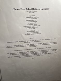 a white piece of paper with instructions on how to make gluten - free baked oatmeal casserole