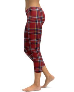 Deep Red Tartan Capris - GearBunch Leggings / Yoga Pants Red Fitted Casual Leggings, Red Fitted Casual Yoga Pants, Red Stretch Yoga Pants For Fall, Red Yoga Pants, Tartan Leggings, 100 Squats, Green Tartan, Red Leggings, Tartan Design