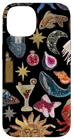 a phone case with many different designs on it, including stars and other things in the background