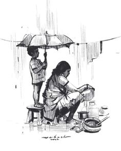 a black and white drawing of two people under an umbrella in the rain, one sitting on a bench