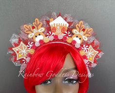 "Oh what fun it is to wear a reindeer gingerbread candy cane wonderland on your head! You will definitely be the life of the party!! This super festive headdress is made up of gingerbread, glitter snowflakes. peppermints, candy gum drops, gems, tulle and metallic leaves. Made on a 1\" white satin headband covered in red sequins trim. Super cute, super sparkly, and oh so fabulous Measurements: Sits about 3.5\" off top of the head About 12\" wide Weighs about 5.6oz Colors: red, brown, yellow, whit Candy Cane Dress Up Day, White Satin Headband, Christmas Headdress, Christmas Headbands, Glitter Snowflakes, Work Holiday Party, Holiday Headbands, Christmas Hair Accessories, Peppermint Christmas