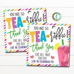 two thank you cards with the words tea and a pink drink on them are shown