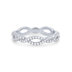 a white gold wedding band with diamonds on the sides and an intertwined design in the middle