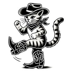 a black and white drawing of a cat wearing a cowboy hat, holding a lasso