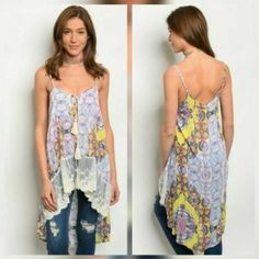 New With Tags Hayden Los Angeles Boho Floral Hi Lo Tank Top. Size Small Perfect For Summer. Yellow Lace Trim Sleeveless Top, Yellow Sleeveless Top With Lace Trim, Casual Yellow Tops With Lace Trim, Yellow Printed Tops For Festival, Yellow Printed Festival Tops, Small Boho, Lace Cami, Tank Top Cami, Boho Floral