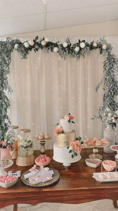 a table topped with lots of cakes and desserts