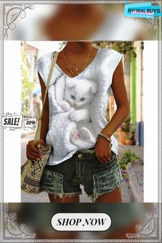 Women's T Shirt Tee Blue Purple Green Cat Print Sleeveless Casual Daily Basic V Neck Regular Cat S Casual Summer Cat Print Tops, Casual Summer Tops With Cat Print, Casual Cat Print Top For Summer, White Cat Print Tops For Summer, Cute White Sleeveless T-shirt, Fitted Cat Print T-shirt For Spring, Blue Casual T-shirt With Cat Print, Green Cat, Cotton Short Sleeve T-shirt With Cat Design