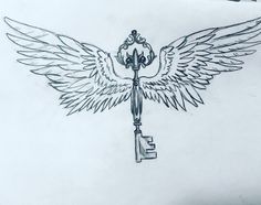 a drawing of a key with wings on it