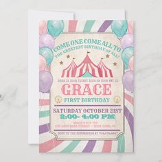 a circus birthday party card with balloons and a tent on the front, in pastel colors