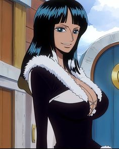 a woman with long black hair and blue eyes standing in front of a door wearing a fur collar