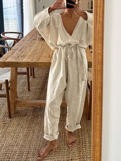 Cozinen Women's Crossover Neck Long Sleeve Belted Bodysuit Pants Set Mama Style, Linen Jumpsuit, Linen Clothes, Looks Vintage, Spring Summer Outfits, Natural Linen, Jumpsuits For Women, Fashion Inspo Outfits