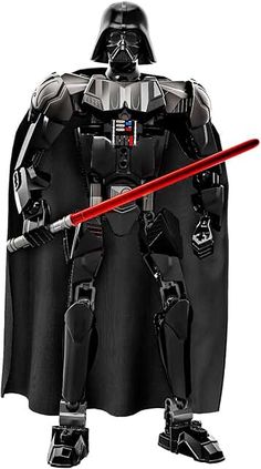 a darth vader action figure with a red light saber in his hand and helmet on