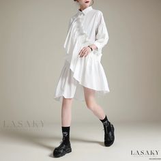 Lasaky - Irregular Elastic Band Dark Aesthetic Maxi Shirt Dress by Yamamoto Casual Asymmetrical Long Sleeve Summer Dress, Casual Long Sleeve Asymmetrical Summer Dress, White Long Sleeve Asymmetrical Dress, Casual Asymmetrical Long Sleeve Dress For Summer, Spring Casual Asymmetrical Shirt Dress, Casual Asymmetrical Shirt Dress For Spring, Casual Asymmetrical Midi Dress With Ruffles, Casual Asymmetrical Ruffle Midi Dress, Casual Asymmetrical Ruffled Midi Dress