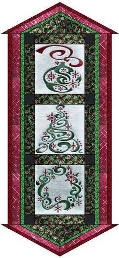 a red and green quilted wall hanging with two designs on the front, one in the middle