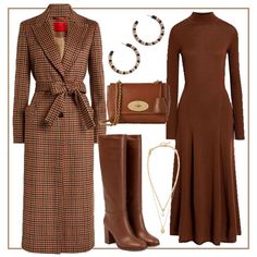 Winter Work Dresses, Brown Dress Winter Outfit, Dresses With Boots Outfits, Brown Dress Outfit, Lily Bag, Outfit Links, Long Outfit, Winter Attire, Check Coat