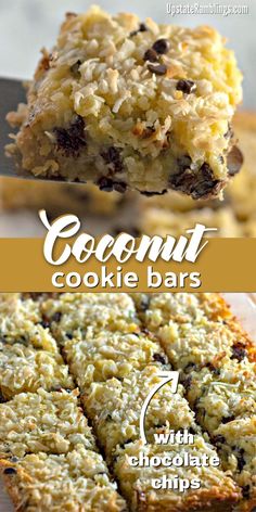 coconut cookie bars with chocolate chips on top and in the middle, one is half eaten