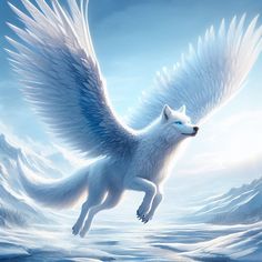 a white wolf with wings flying through the air