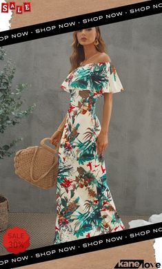 Floral Layered Off-shoulder Maxi Dress One Shoulder Floral Print Midi Dress For Beach, One-shoulder Floral Midi Dress For Beach, Off-shoulder Floral Print Midi Dress For Beach, Off-shoulder Floral Midi Dress For Summer, Summer Off-shoulder Midi Dress For Garden Party, Green One-shoulder Midi Dress For Vacation, Off-shoulder Tropical Print Summer Dress, Off-shoulder Summer Dress With Tropical Print, Summer Off-shoulder Tropical Print Dress