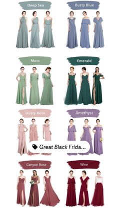 the different types of dresses for women in different colors and sizes, with names on each side