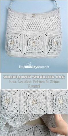 a crocheted purse with flowers on the front and side, is shown in white