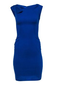 Current Boutique-Karen Millen - Royal Blue Sheath Dress w/ Folded Shoulder Design Sz 4 Classic Stretch Bodycon Dress For Night Out, Blue Fitted Bodycon Dress, Blue Knee-length Elastane Bodycon Dress, Blue Elastane Knee-length Bodycon Dress, Chic Stretch Bodycon Dress For Office, Fitted Blue Bodycon Dress With Back Zipper, Chic Fitted Bodycon Dress For Career, Classic Sheath Bodycon Dress, Blue Stretch Bodycon Dress For Work