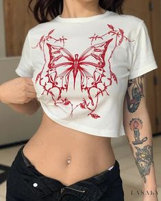 Lasaky - Stylish Color Block Butterfly Print Crop Top T-Shirt with Round Neck Design Fairy Grunge Butterfly, Grunge Butterfly, Crop Top Blanco, Crop Top Blanc, 90s Women, Loose Crop Top, Round Neck Crop Top, Fitted Crop Top, Vintage Fairy