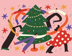 an illustration of people decorating a christmas tree with question marks on the top and bottom