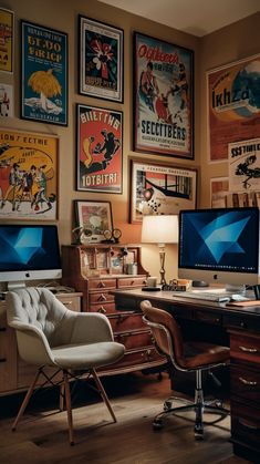 two computer monitors sitting on top of a desk next to a chair in front of a window