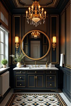 Art deco bathroom with black and gold patterns Statement Powder Room Glam, Old Hollywood Powder Room, Art Deco And Modern Interior, Gatsby Decor Interior Design, Modern Art Deco Interior Bathroom, 1920s Powder Room, Great Gatsby Bathroom, Art Deco Bathroom Cabinet, 1920s Home Decor Interior Design