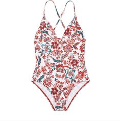 Elegant Red And White Floral Print. Strappy Detail In Front And Back. Without Tags, But Never Worn. Size L Casual Floral Print Swimwear For Holiday, Casual Printed Swimwear For Holiday, White Beachwear Swimwear For Holiday, White Beachy Swimwear For Holiday, Casual Red Swimwear For Holiday, White Swimwear For Spring Holiday, White Swimwear For Summer Holiday, Red Lined Body Swimwear For Spring, Red Floral Print Swimwear For Pool