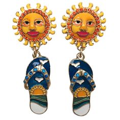 Summer Fun Flip Flop Sun Face Drop Dangle Earrings (Goldtone) Dazzling Drop Earrings For Your Next Visit To The Beach. Each Goldtone Earring Features A Captivating Design At The Top Decorated With Clear Glass Stones. Dangling Below Are A Hip Flip Flop And A Pair Of Sunglasses, Which Is Crafted With Pink, Aqua, Blue Enamel. You Can Put On These Big And Bold Earrings With Post Backings. Wear This Pair With Matching And Skinnies For A Trendy Look! Goldtone Post/Clip Earrings Measures Approximately Sun Face, Unusual Earrings, Bold Earrings, Fun Jewelry, Crystal Dangle Earrings, Couture Jewelry, Wedding Jewelry Earrings, Drop Dangle Earrings, Girls Earrings