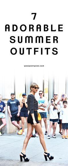 a woman walking down the street in front of a crowd with text that reads, 7 adorable summer outfits