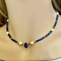 Handmade Lapis Lazuli & Pearl Beaded Necklace Tiny Gemstone Choker Blue and Gold Necklace Gold Lapis Necklace-mixed Precious Stone Collar - Etsy Elegant Lapis Lazuli Crystal Necklace With Gemstone Beads, Blue Single Strand Choker Jewelry, Elegant Lapis Lazuli Gemstone Beaded Necklaces, Elegant Adjustable Lapis Lazuli Beaded Necklace, Elegant Lapis Lazuli Gemstone Beaded Necklace, Elegant Handmade Lapis Lazuli Crystal Necklaces, Adjustable Lapis Lazuli Jewelry With Faceted Beads, Adjustable Lapis Lazuli Necklace With Faceted Beads, Elegant Handmade Lapis Lazuli Crystal Necklace