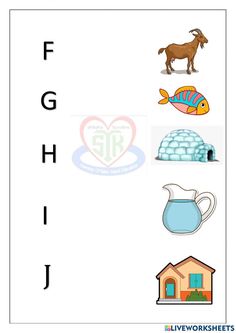 the letter f is for fish and it has pictures of animals, houses, and other things