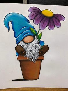 an acrylic painting of a gnome holding a flower