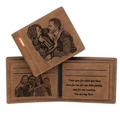 two personalized wallets with an engraved photo on the front and back, one is brown