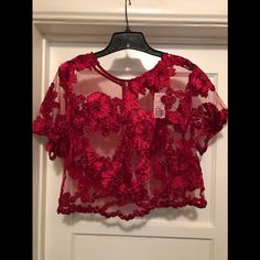 Nice Sexy Wine Top Flirty Cropped Top For Party, Flirty Crop Top For Date Night, Red Fitted Lace Top, Glamorous Red Blouse, Glamorous Sheer Summer Tops, Sheer Short Sleeve Crop Top For Party, Party Cropped Lace Top, Short Sleeve Lace Top For Party, Chic Short Sleeve Crop Top For Date Night