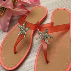 (R) Sandal Has 1 Missing Stone, Picture Below Red Flat Jelly Sandals For Beach, Red Jelly Sandals For Summer Beach, Orange Flip Flops For Beach Season, Summer Orange Flip Flops For Beach, Red Open Toe Jelly Sandals For Beach, Orange Beach Sandals, Red Round Toe Jelly Sandals For Beach, Salmon Color, Starfish