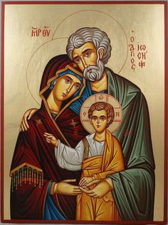 an icon of jesus holding the hand of his mother, who is holding him in her arms