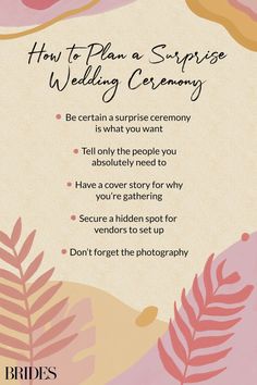 the wedding ceremony poem is shown in pink and yellow colors with palm leaves on it