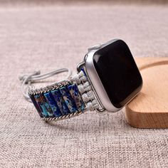 Blue Rectangular Watch Accessories With Bracelet Strap, Rectangular Blue Watch With Bracelet Strap, Adjustable Beaded Blue Watch Bands, Blue Rectangular Bracelet Strap Apple Watch Band, Adjustable Blue Bracelet Strap Apple Watch Band, Adjustable Blue Bracelet Strap Watch Band, Handmade Blue Watch Bands As Gift, Blue Adjustable Rectangular Watch Bands, Adjustable Silver Beaded Watch Accessories