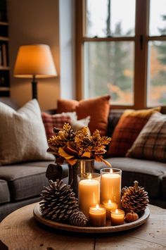 Fall Decorated Apartment, Interior Autumn Decor, Fall Kitchen And Living Room Decor, Autumn Home Decor Minimalist, Living Room Fall Aesthetic, Fall Vibes Living Room, Fall Decor Ideas For An Apartment, Fall Living Room Decor With Grey Couch, Modern House Fall Decor