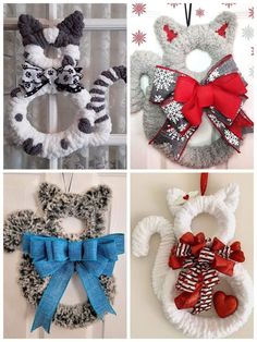 four different christmas wreaths with bows on them