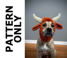 a dog wearing a knitted cow's head with horns on it and the words pattern written in black