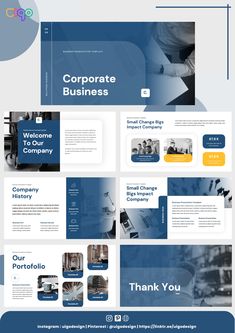 a blue and white presentation slider with the words corporate business on it, in front of