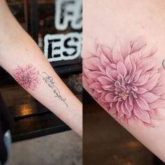 two pictures one with a flower and the other with a heart tattoo on it's arm