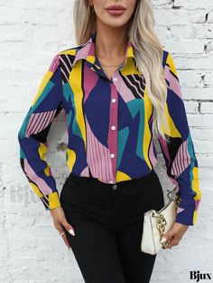 Bjux - Professional Womens Long Sleeve Button Front Shirt with Geo Print - Ideal for Casual Wear and the Office Multicolor Graphic Print Shirt For Work, Trendy Multicolor Tops For Work, Multicolor Print Tops For Workwear And Fall, Multicolor Print Tops For Workwear In Fall, Multicolor Print Tops For Fall Workwear, Trendy Multicolor Tops For Office, Trendy Multicolor Office Tops, Multicolor Long Sleeve Shirt For Work, Multicolor Collared Tops With Colorful Pattern