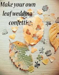 some leaves that are laying on top of a wooden table with the words make your own leaf wedding confetti