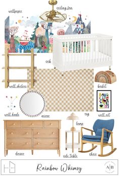 a baby's nursery room with furniture and accessories